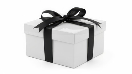 Obraz premium Elegant white gift box with black ribbon, isolated on transparent background