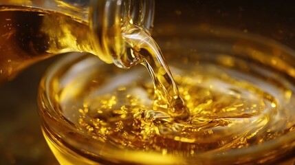 Golden liquid being poured from a glass bottle into a small, clear glass bowl