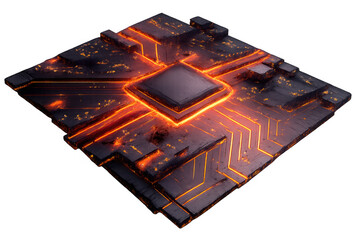 Futuristic glowing processor or cpu with radiating power lines, representing advanced technology and digital data processing