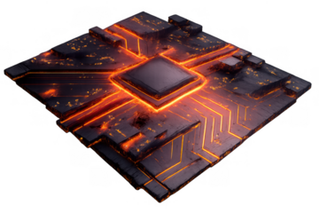Futuristic glowing processor or cpu with radiating power lines, representing advanced technology and digital data processing