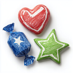 Hand-drawn colorful candies in heart, star, and wrapped shapes &ndash; sketch sweet treats illustration