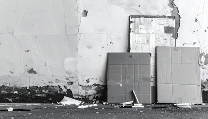 Cardboard boxes stacked against a wall