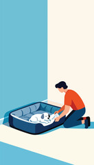 Fototapeta premium Person tucking a white dog into a cozy blue dog bed