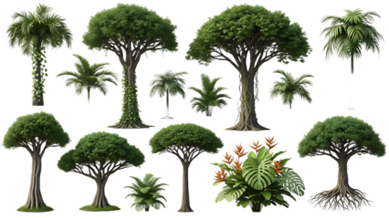 A collection of various trees and plants on transparent background