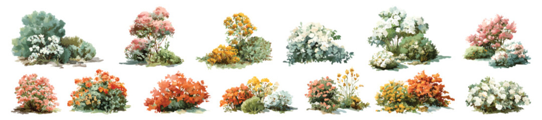 Flower bushes shrub landscaping gardening elements in various colors and shapes watercolor set isolated on transparent background