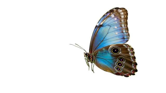 A beautiful butterfly with blue and brown wings is flying on transparent background - Powered by Adobe