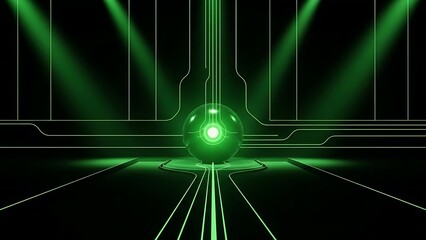 Futuristic digital realm with glowing green sphere and neon grid lines.