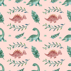 Seamless pattern with cartoon dinosaurs on a pink background. Drawn colored dinosaurs for children's room and textiles. Children's illustration