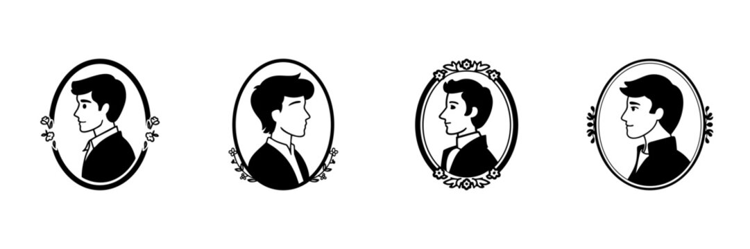 Silhouette Portraits Of Men In Hand Drawn Style Set. Vintage Cameo Profile Illustrations Doodle Sketch Collection. Elegant Floral Frame Design. Isolated Vector Illustration