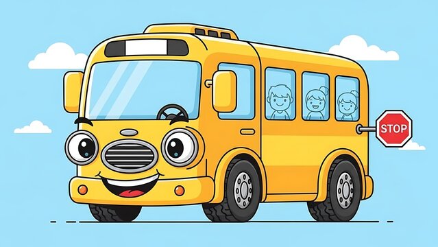 Smiling cartoon school bus with stop sign.