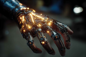 cybernetic arm repairing glowing neon circuitry in dark workshop