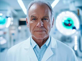 A senior doctor wearing a lab coat stands confidently in a high tech medical environment, showcasing expertise and professionalism.