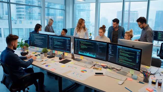 Diverse team of programmers collaborating on code in a modern office with large windows