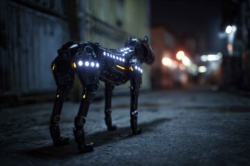 Fototapeta premium robotic dog with flashing LED lights patrolling dark alley