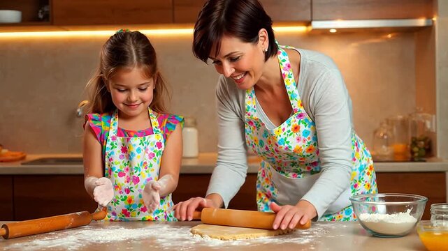 Mother and daughter happily baking together in a bright, modern kitchen, rolling out dough