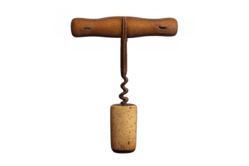 Vintage corkscrew pulling a cork, rustic wooden handle attached to a metal spiral. Transparent background