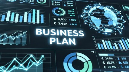 Business plan dashboard displaying financial charts and analytics with global map visualization, bar graph, line chart, pie chart, KPI indicators, revenue metrics and growth insights dark neon blue - Powered by Adobe
