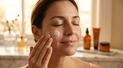 Woman applying cream to face skincare beauty routine indoor sunlight day