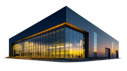 Modern architectural building exterior with glass facade and illuminated edges showcasing contemporary design on transparent background