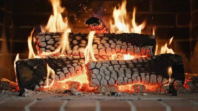 Cozy Fireplace with Burning Logs and Warm Flames.