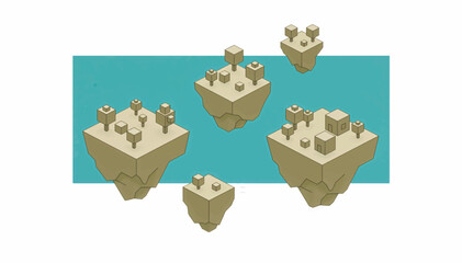 Isometric floating islands vector illustration. Blocky game level design elements with trees. Fantasy land terrain set