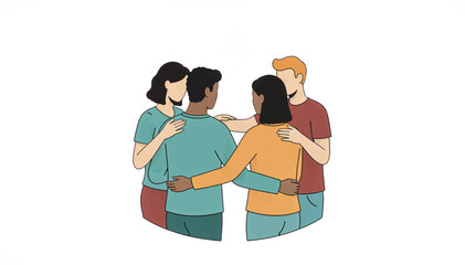 Diverse group of people standing in a circle huddle. Teamwork and unity concept vector illustration. Flat design characters embracing