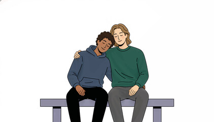 Two men sitting on a bench. Flat design vector illustration of friendship and support. Comforting and empathy concept. Male characters isolated on white background