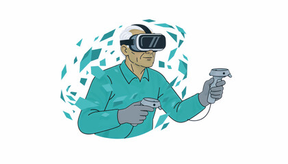 Senior man using VR headset and controllers. Flat vector illustration of virtual reality gaming. Immersive technology and metaverse concept isolated on white background