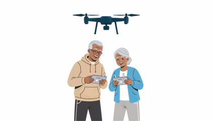 Elderly couple operating a drone. Flat design vector illustration of senior man and woman with remote controllers. Modern technology and hobby for retired people. Vector graphic isolated