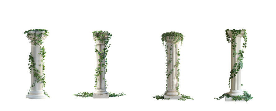 Four ornate white columns adorned with lush green climbing vines ideal for architectural designs on transparent background
