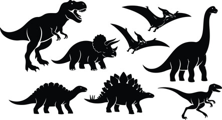 Obraz premium Silhouette vector flat design set of eight dinosaur silhouettes showing t rex triceratops stegosaurus brachiosaurus pterodactyl velociraptor side view bold shapes high contrast black white icon