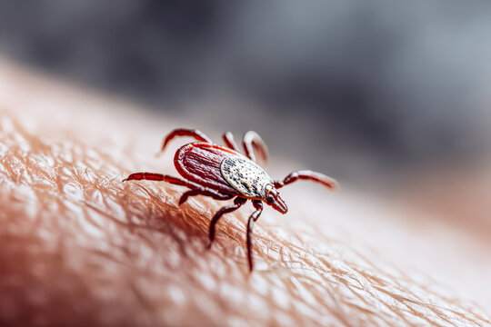 A detailed macro shot of a tick crawling on human skin, highlighting its features and texture. This image emphasizes the importance of tick awareness.