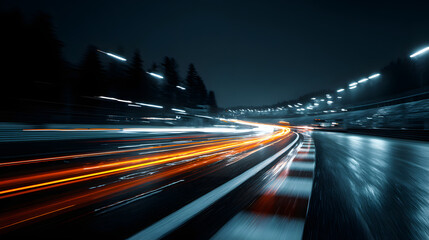 A stunning image of car motion trails. Speed light streaks background with blurred fast moving light effect, Racing cars dynamic flash effects city road with long exposure night.