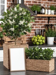 Botanical harmony: flowering tree, green plants, and a blank frame on kitchen top.