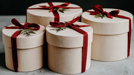 Four round boxes tied with ribbons, creating a festive and celebratory mood.