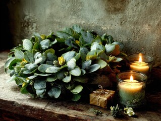 Eucalyptus wreath on wood surface, accompanied by gift and candle light.