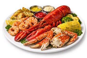Seafood platter featuring lobster, crab, and shrimp with a side of vegetables.