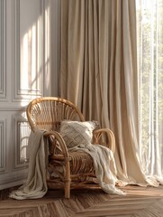 Comfortable wicker chair with cushion and blanket, bathed in gentle sunlight indoors.