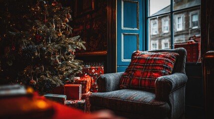 Cozy holiday scene featuring a Christmas tree, gifts, and an inviting armchair.