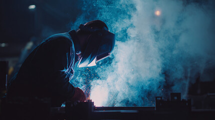 A welder working meticulously, sparks flying amidst the cool blue mist. The industrial workshop provides a backdrop for this display of skill and precision.  Safety gear is essential!