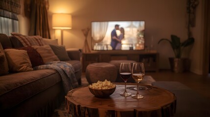 Cozy indoor setting for a romantic movie night with soft lighting