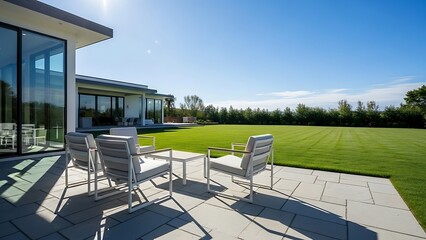Empty chairs placed in patio by grassy lawn in spacious backyard of modern house against clear blue sky during sunny day - modern architectural showcase