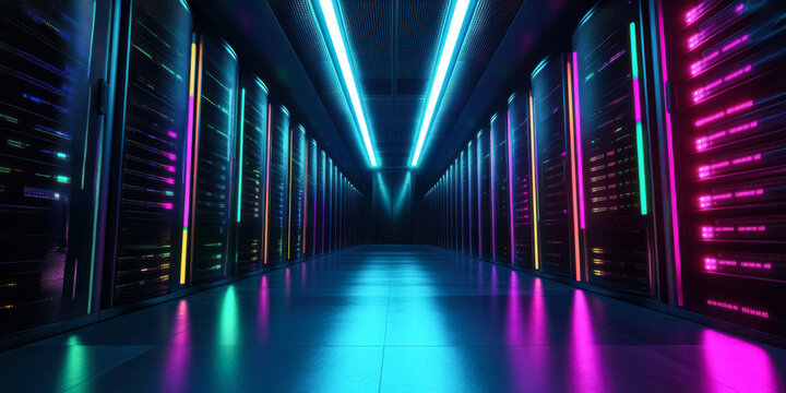 Futuristic data center corridor with glowing servers - Powered by Adobe