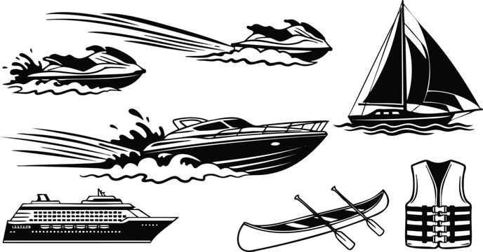 Minimalist line art of speeding jet ski two rider and cabin cruiser with sailboat cruise ship canoe with paddles and life vest in motion black silhouette