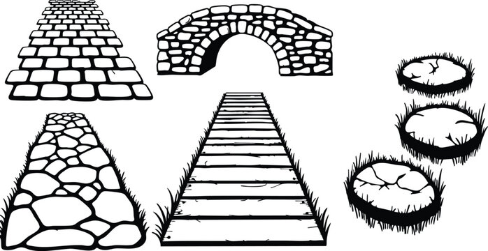 Line art hand drawn vector garden paths set including cobblestone walkway arched stone bridge flagstone path wooden boardwalk grass edged stepping stones top view close up