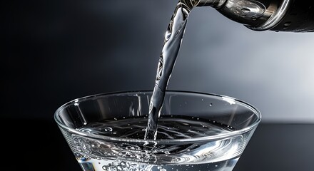 Bartender pouring a clear cocktail from a shaker into a martini glass.