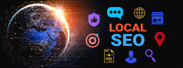 Explore a modern representation of digital marketing with a focus on local SEO, illustrated by vibrant icons that signify strategies for enhancing business growth and online visibility. Gantry