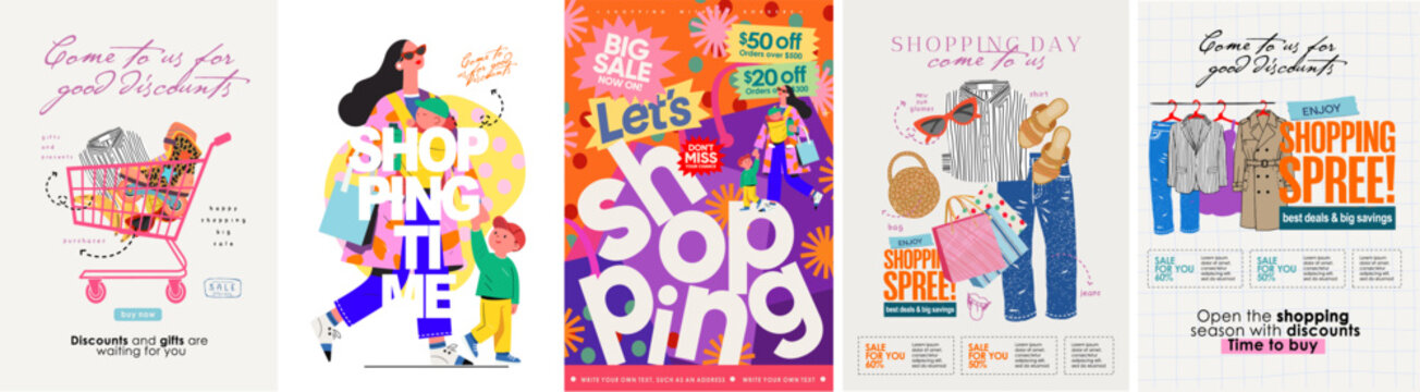 Sale and Shopping. Vector modern illustrations of a grocery basket with items, a fashionable family with children going shopping with bags, clothes on hangers for a discount poster, brochure, leaflet 