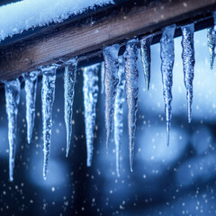 Winter icicles hanging from roof edge close up