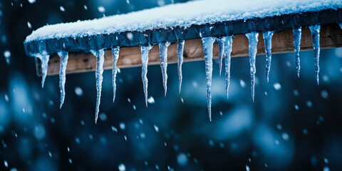 Winter icicles hanging from roof edge close up
